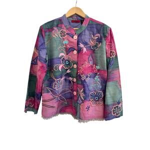 Carina Floral Embroidered Button Down Jacket Womens XL Fairy Cottagecore Rainbow